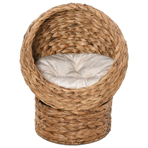 Handwoven Elevated Cat Bed with Soft Cushion & Egg Shape, Basket