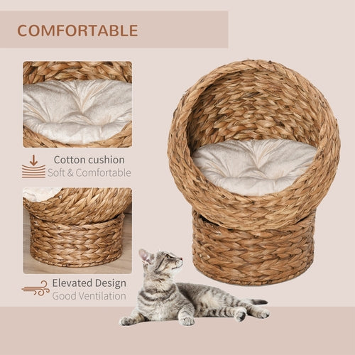 Handwoven Elevated Cat Bed with Soft Cushion & Egg Shape, Basket