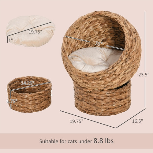 Handwoven Elevated Cat Bed with Soft Cushion & Egg Shape, Basket