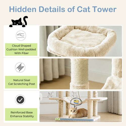 66 Inch Cat Tree Tower, Large Multi-Cat Climbing Extended Platform,
