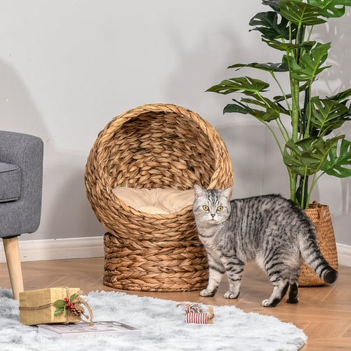 Handwoven Elevated Cat Bed with Soft Cushion & Egg Shape, Basket